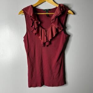 Vintage Lauren Ralph‎ Lauren Y2K Women’s Babydoll Tank Large Maroon Chiffon 90s